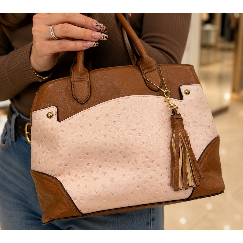 Bueno Women Two Tone Ostrich Embossed Satchel Handbag Tan Pink Tassel Trim